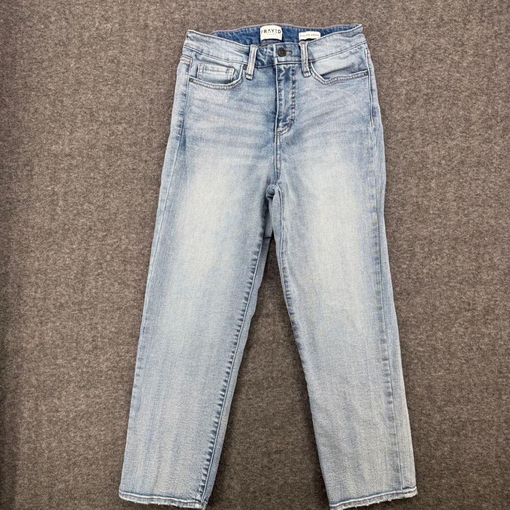 Frayed Jeans Womens Light Wash High Rise Crop Straight Leg Denim Blue Size 27
